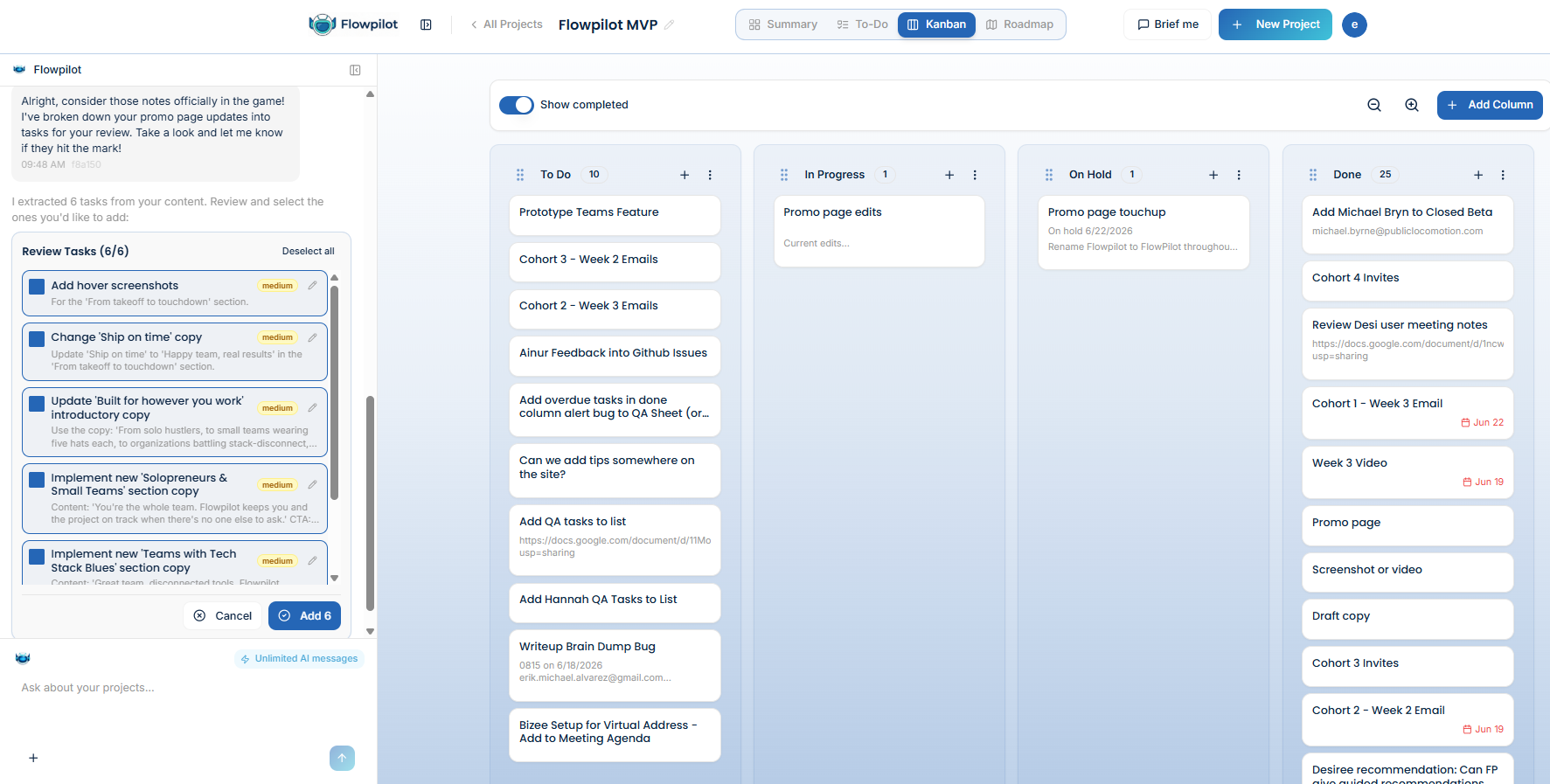 FlowPilot in-progress tracking view